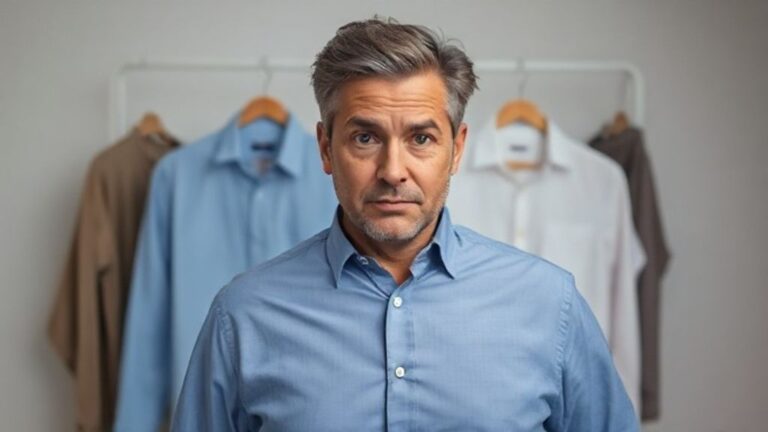 a man in 40s unable to make a decision on which shirt to wear. looks confused
