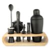 Black 10-Piece Bar Kit with Wooden Stand – Cocktail Shaker, Jigger, Muddler, Strainer & More