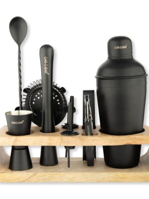 Black 10-Piece Bar Kit with Wooden Stand – Cocktail Shaker, Jigger, Muddler, Strainer & More