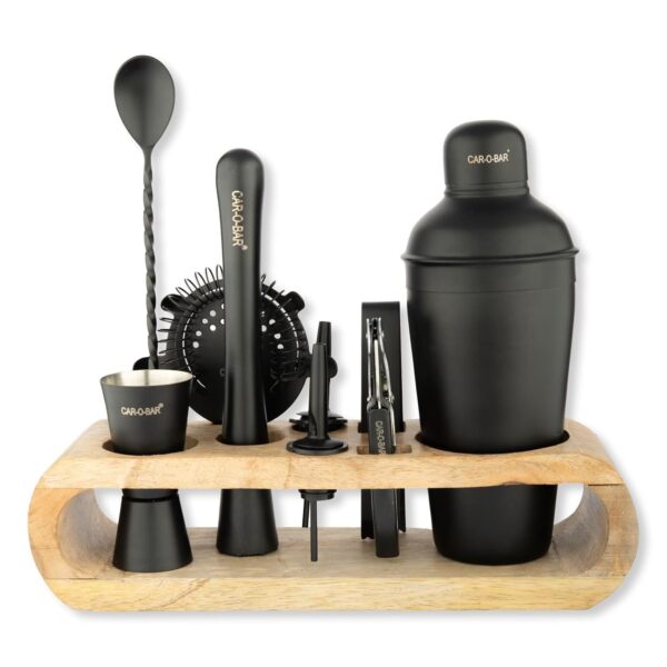 Black 10-Piece Bar Kit with Wooden Stand – Cocktail Shaker, Jigger, Muddler, Strainer & More
