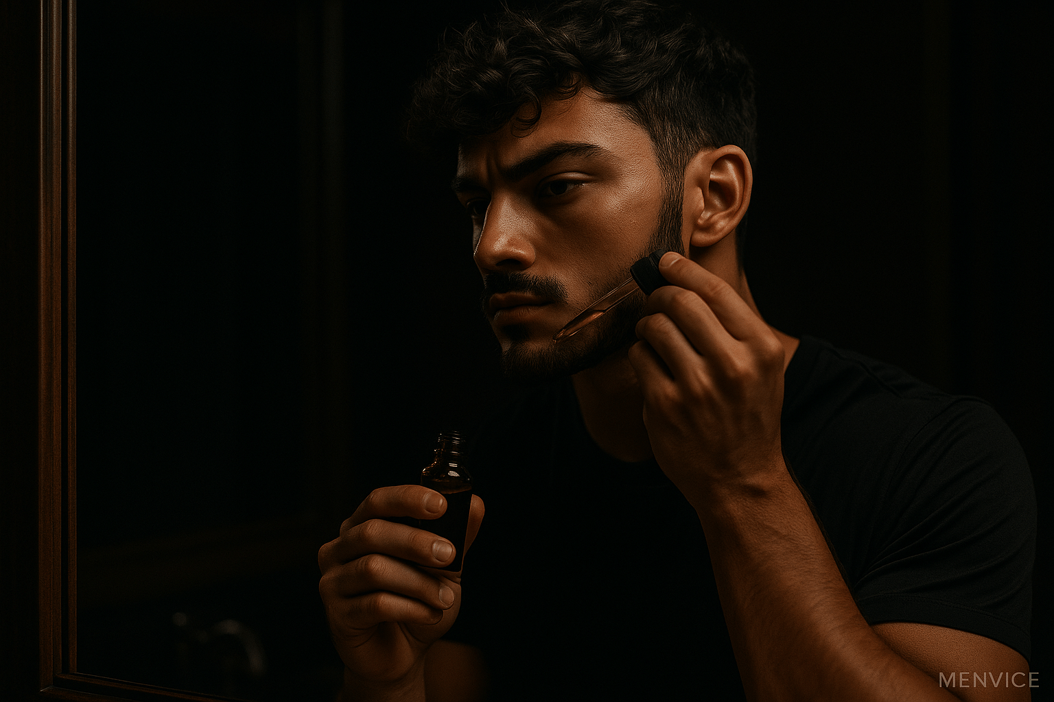 man applying beard oil