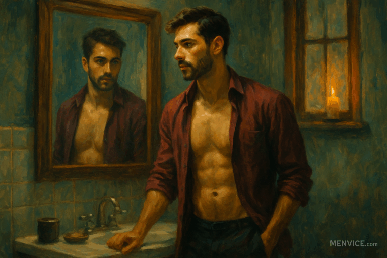 man in bathroom painting