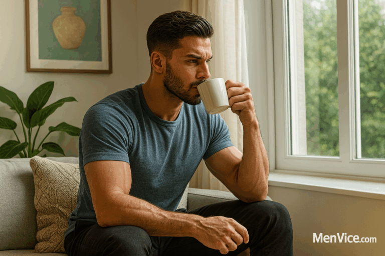 man sipping coffee by the window