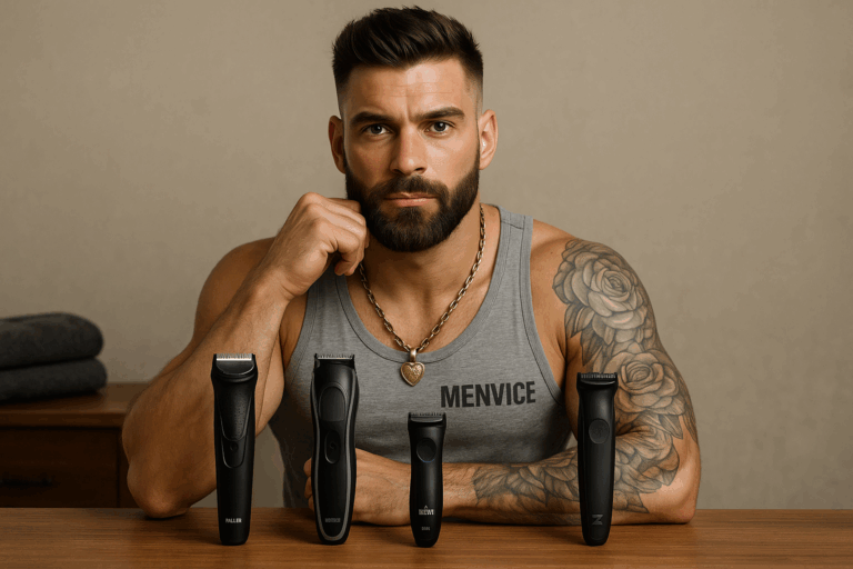 man using beard trimmers