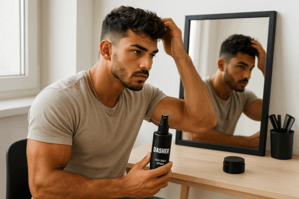 man using dasher Dasher Sea Salt Spray for Men (100ml) – Volume, Texture & Natural Hold