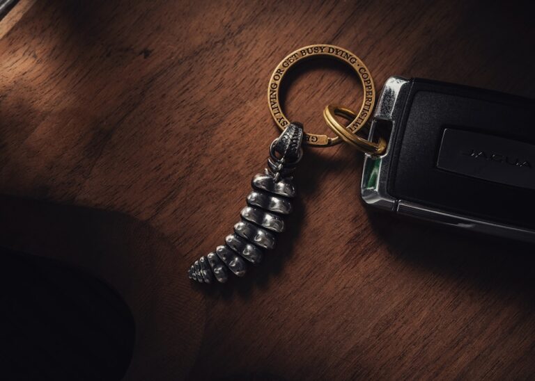 a camera and a keychain on a wooden table